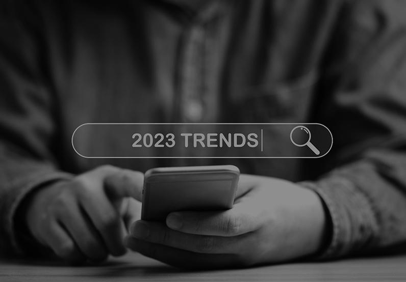 Graphic showing 2023 trend text in a search bar 