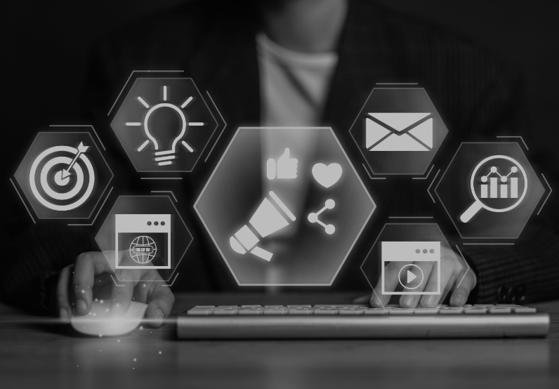 Image showing a close up of someone pointing to some creative icons